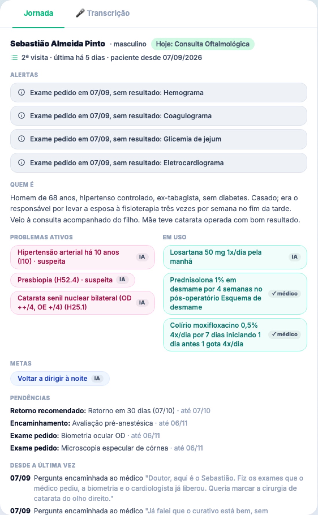 Cartão da jornada do paciente na tela da consulta: quem é, problemas ativos, medicações em uso, metas e pendências